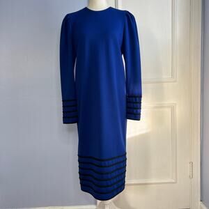 David Warren Dress Back Buttons Long Sleeve Wool Blue Vintage 80s Women's Size 8